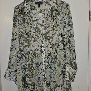Lane Bryant Olive, White & Yellow Floral Button-Up Blouse
